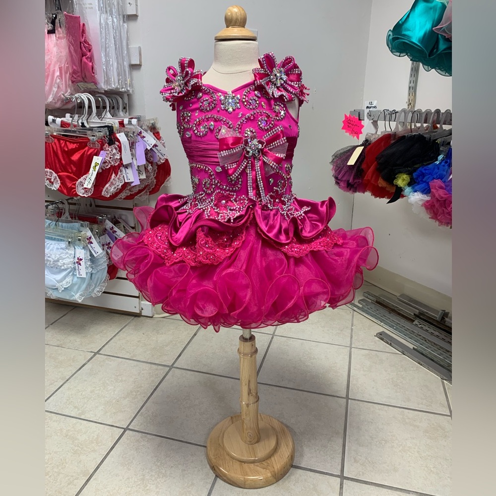 Size 3 Pink Corset Beaded Cupcake Pageant Dress w/Removable Collar & Bow NWT